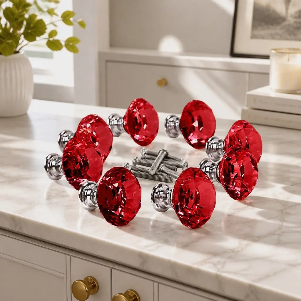 16 Pack Red Diamond Crystal Knobs 40mm for Cabinet Hardware