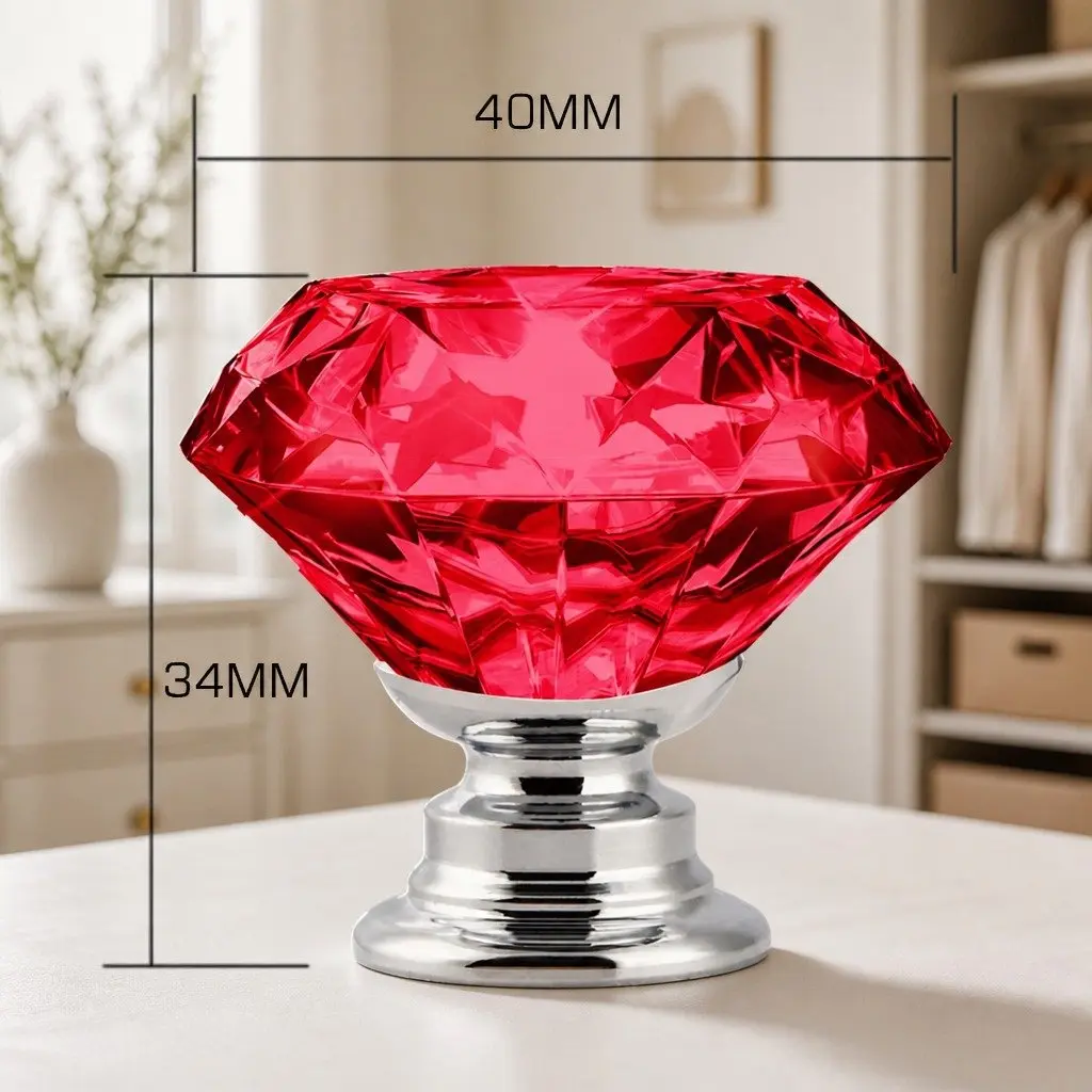 Diamond Crystal Cabinet Knobs 40mm Red Alloy Base Chrome