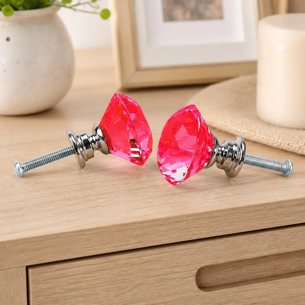 Diamond Crystal Cabinet Knobs 40mm Red Alloy Base Chrome