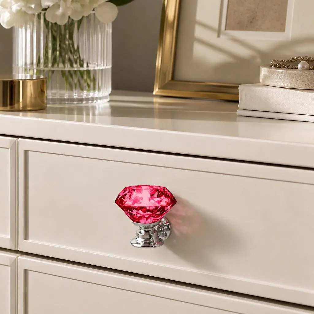 16 Piece Crystal Diamond Cabinet Knobs 30mm Red Alloy Chrome