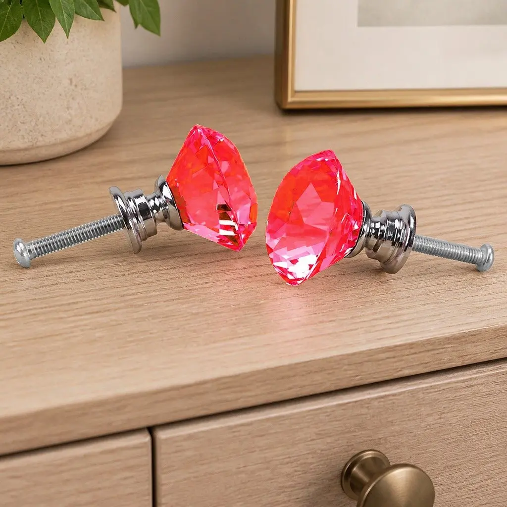 16 Piece Crystal Diamond Cabinet Knobs 30mm Red Alloy Chrome