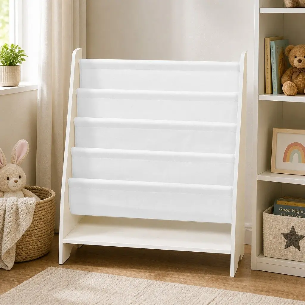 Kids Bookshelf MDF Board 4-Tier Storage Organiser 62cm W x 28cm D x 76cm H White