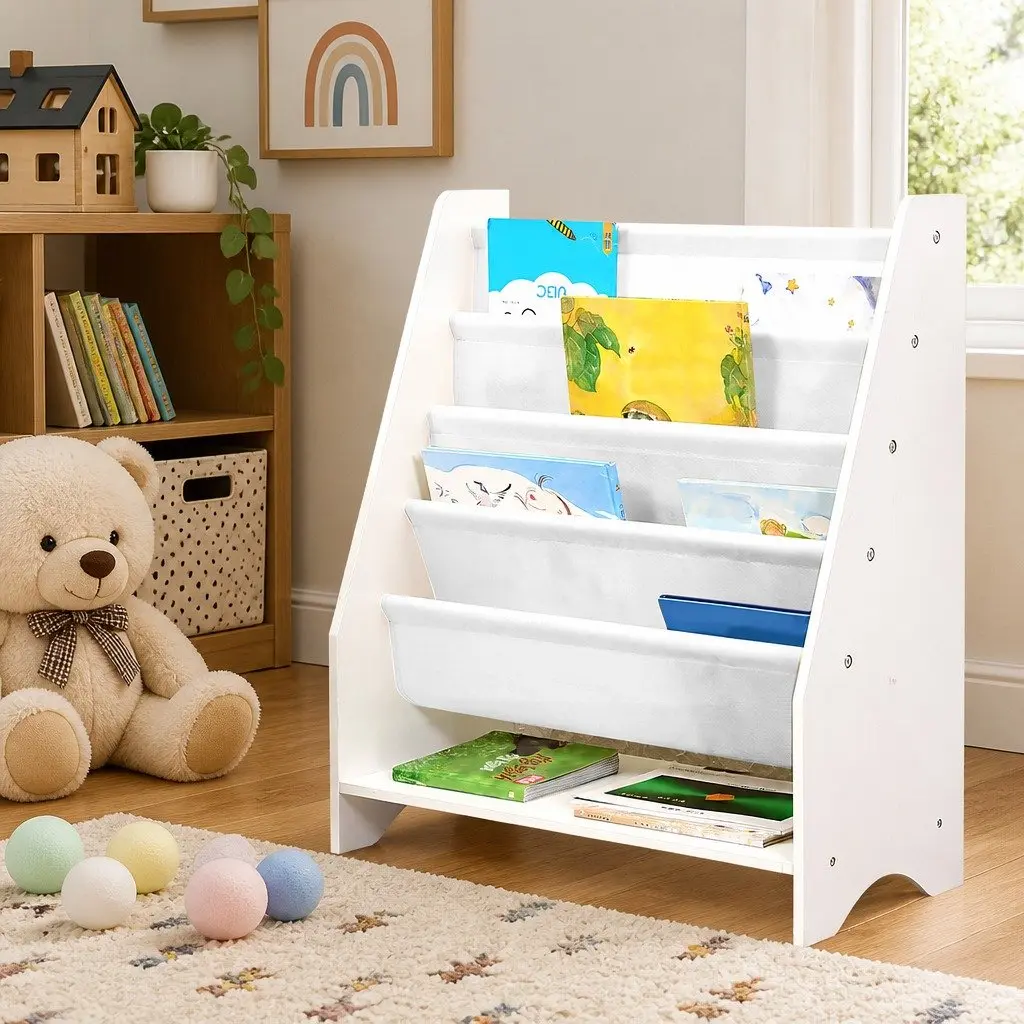 Kids Bookshelf MDF Board 4-Tier Storage Organiser 62cm W x 28cm D x 76cm H White