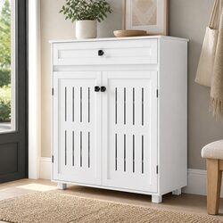 Shoe Cabinet with Louvre Doors White Storage Rack Cupboard Adjustable Shelves