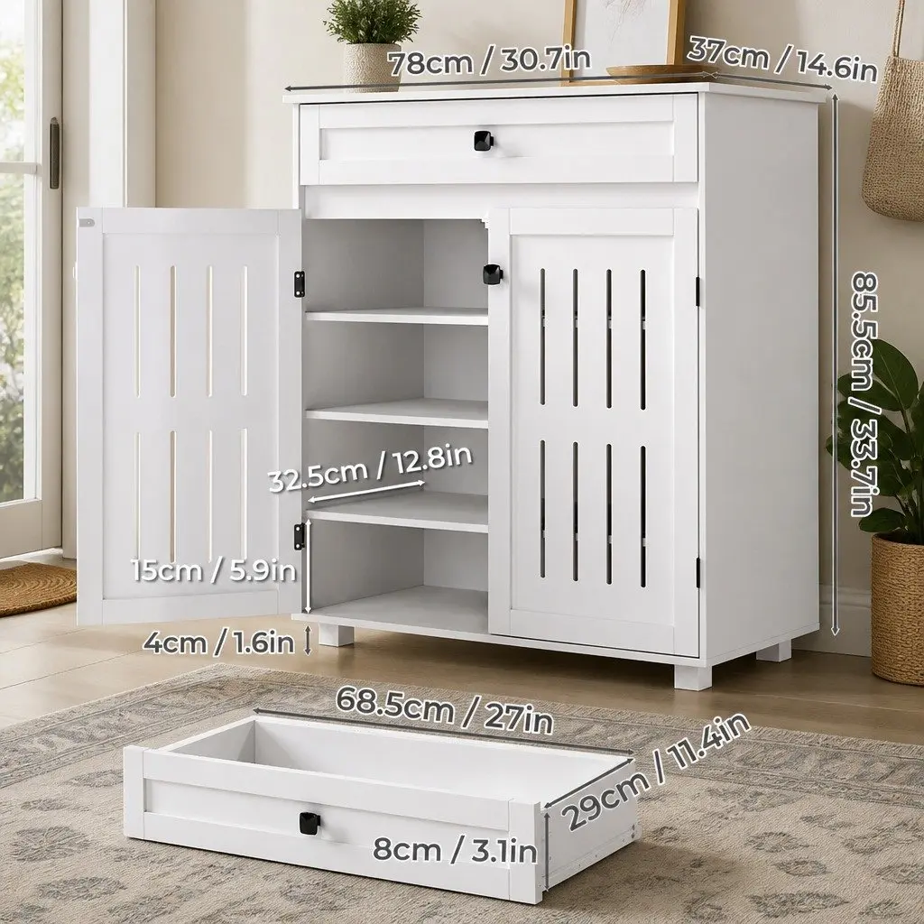 Shoe Cabinet Particle Board 78cm White Storage Rack with Louvre Doors Adjustable Shelves