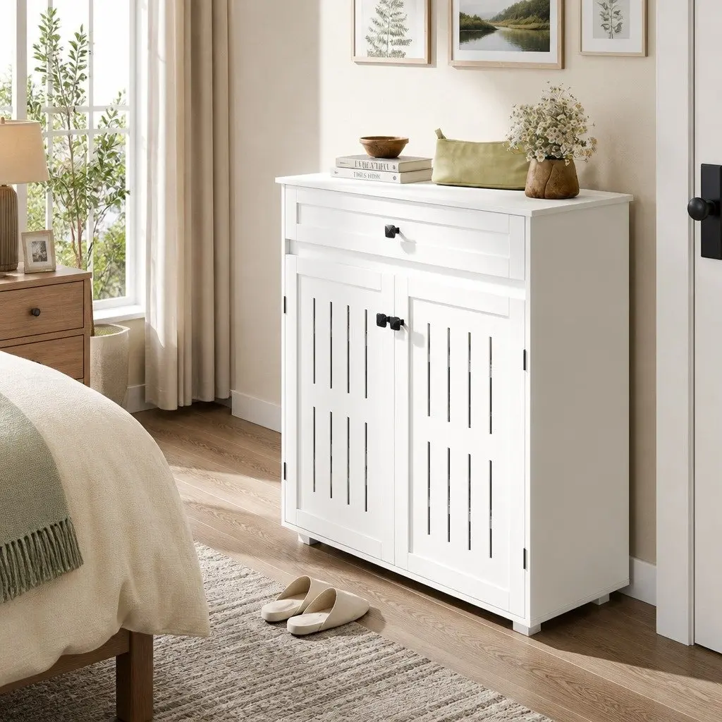 Shoe Cabinet Particle Board 78cm White Storage Rack with Louvre Doors Adjustable Shelves