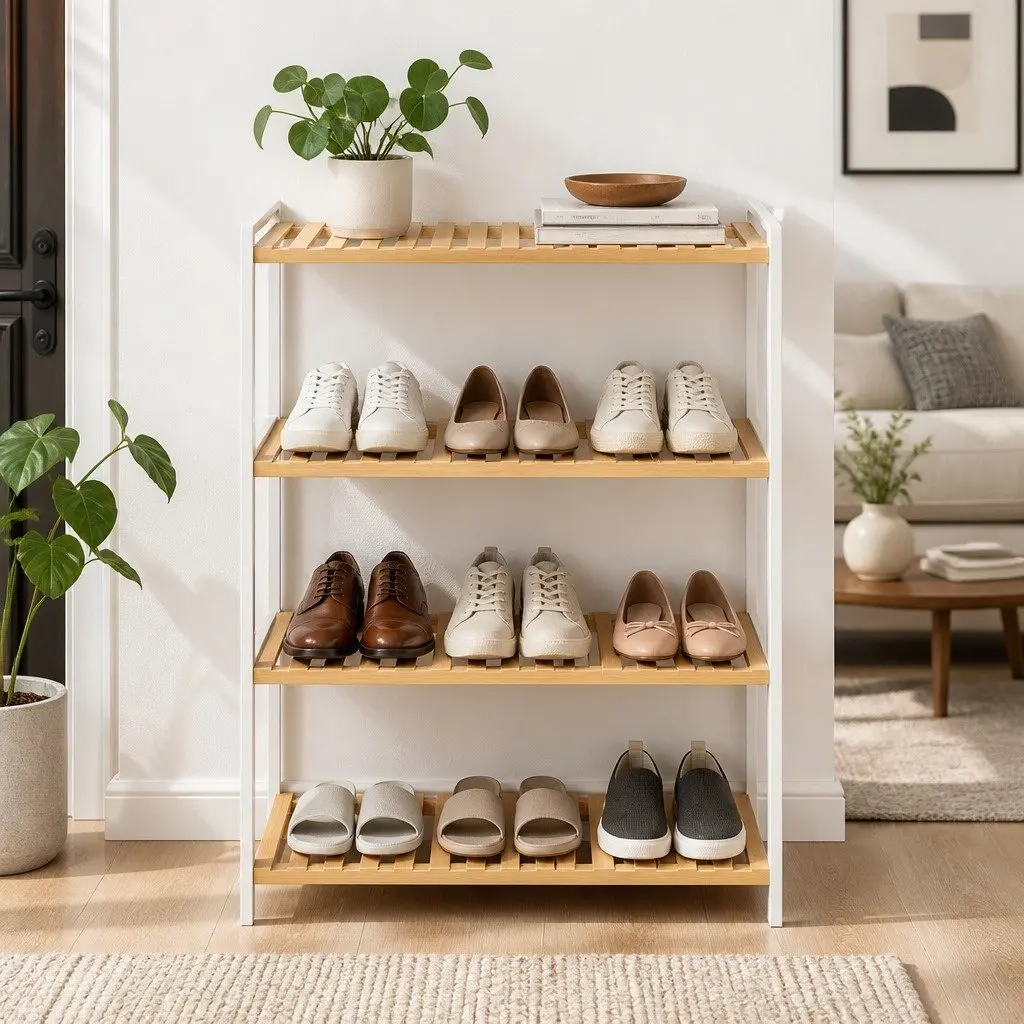 Bamboo Storage Rack 4 Tier Shelf White Natural Shelving Unit Organiser for Shoes Plants Books Bathroom
