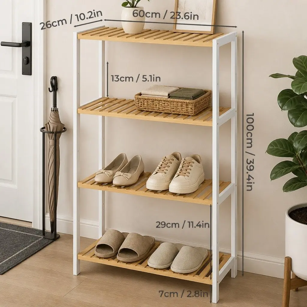 Bamboo Storage Rack 4 Tier Shelf White Natural Shelving Unit Organiser for Shoes Plants Books Bathroom