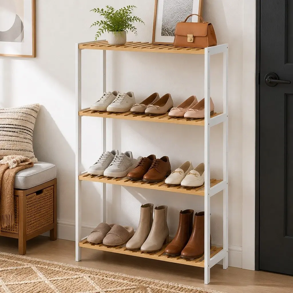 Bamboo Storage Rack 4 Tier Shelf White Natural Shelving Unit Organiser for Shoes Plants Books Bathroom