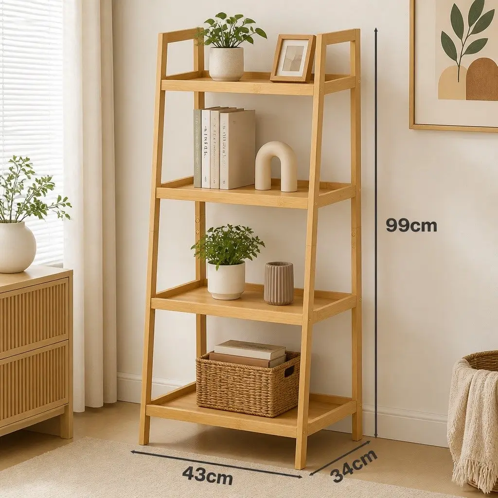 Bamboo Ladder Bookcase 4-Shelf Storage Organiser Rack Plant Display Unit