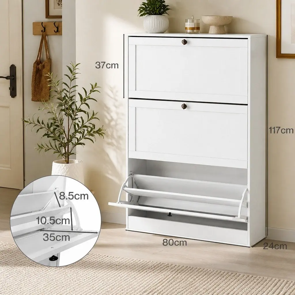 Shoe Cabinet Chipboard 80cm White 3 Flip Drawers Adjustable Shelf Storage Rack