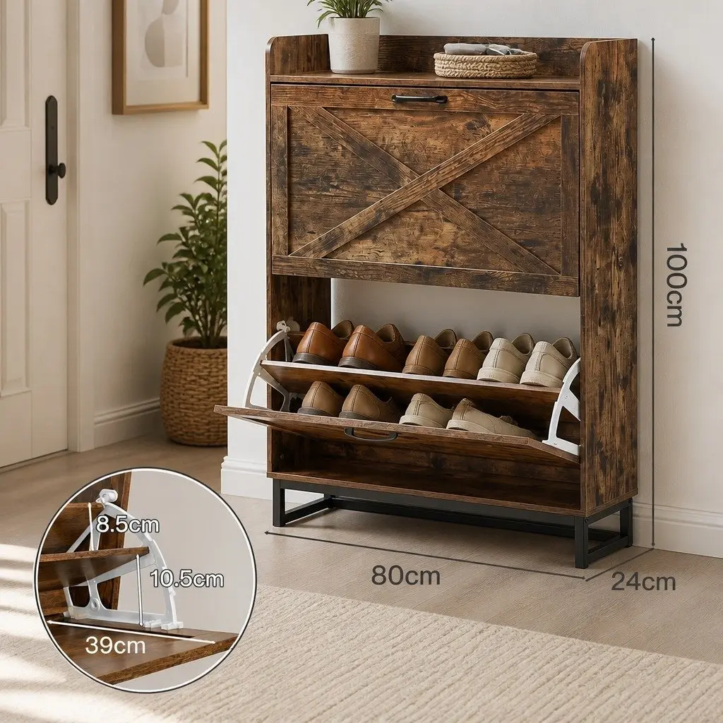 Shoe Cabinet Chipboard 80cm Walnut 2 Flip Drawers Storage Organiser Removable Shelf