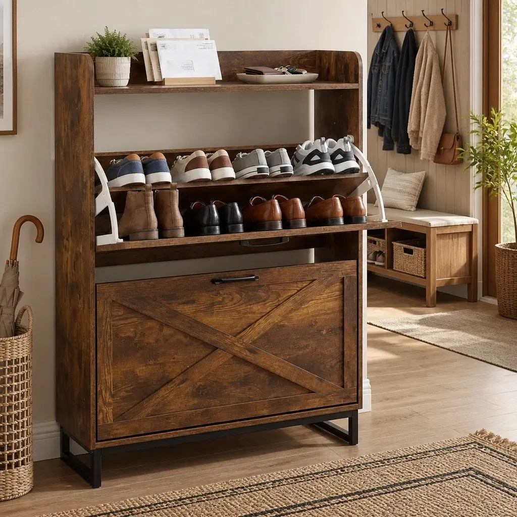 Shoe Cabinet Chipboard 80cm Walnut 2 Flip Drawers Storage Organiser Removable Shelf