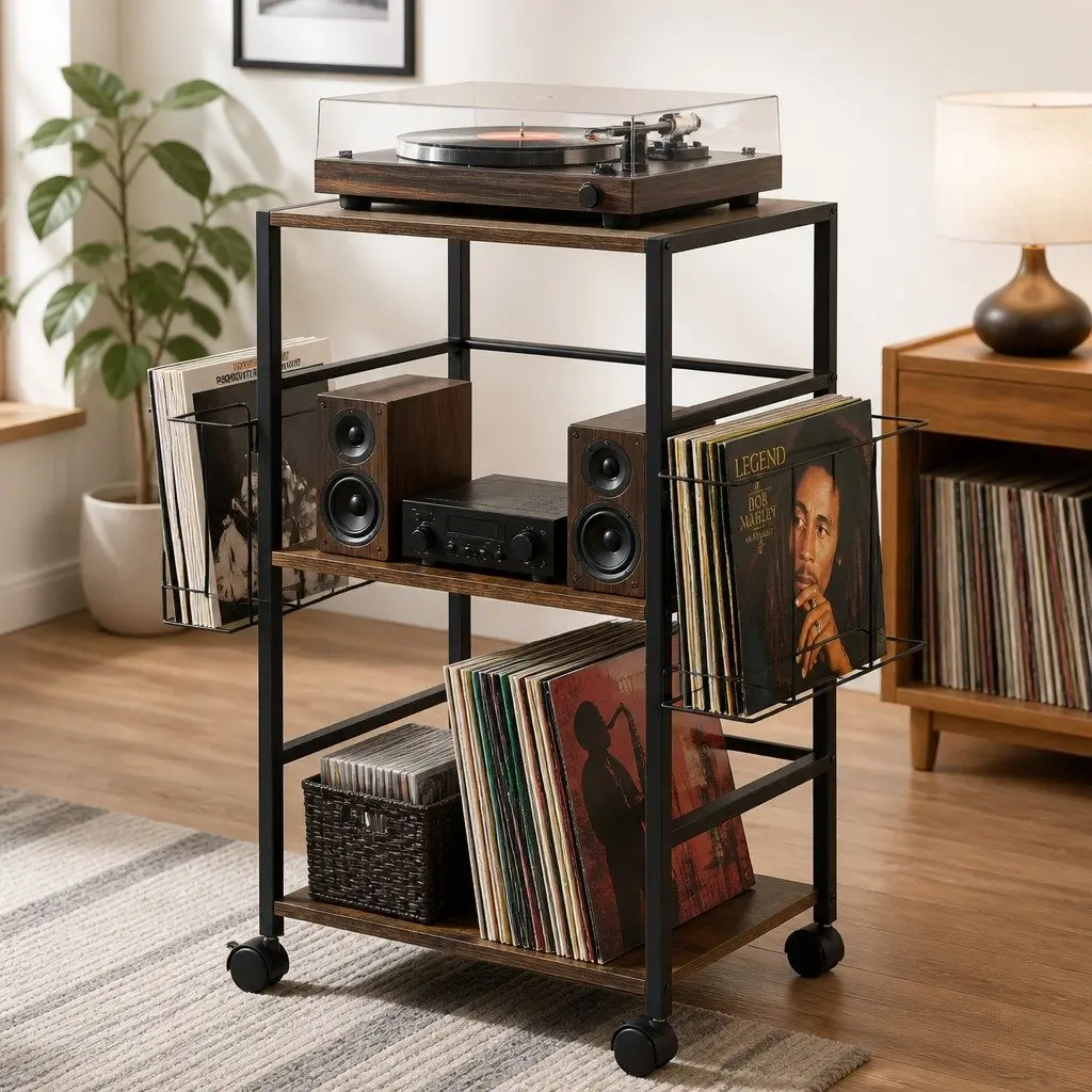 Record Player Stand with 3-Tier Vinyl Storage