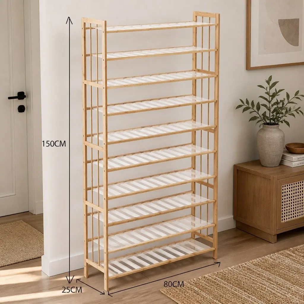Bamboo Shoe Rack 10 Tier 80cm Wide Natural