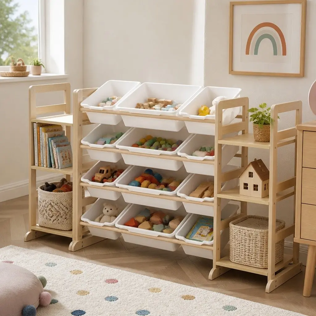 Kids Toy Storage Unit Pine Wood and Plastic 12 Bins 6 Shelves Natural and White
