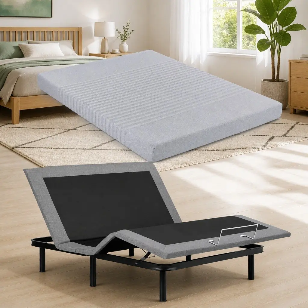 Double Electric Adjustable Bed Frame with Memory Foam Mattress 15cm Thick Black Grey