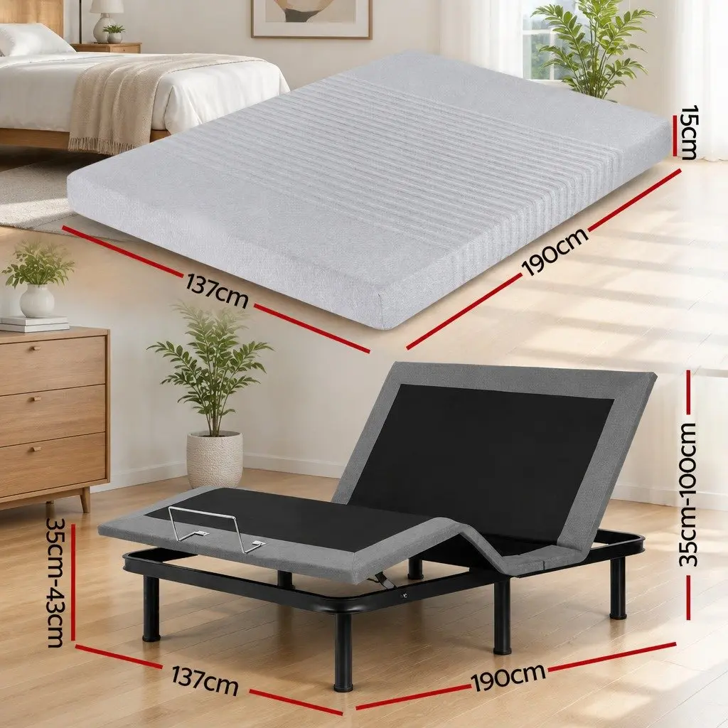 Double Electric Adjustable Bed Frame with Memory Foam Mattress 15cm Thick Black Grey