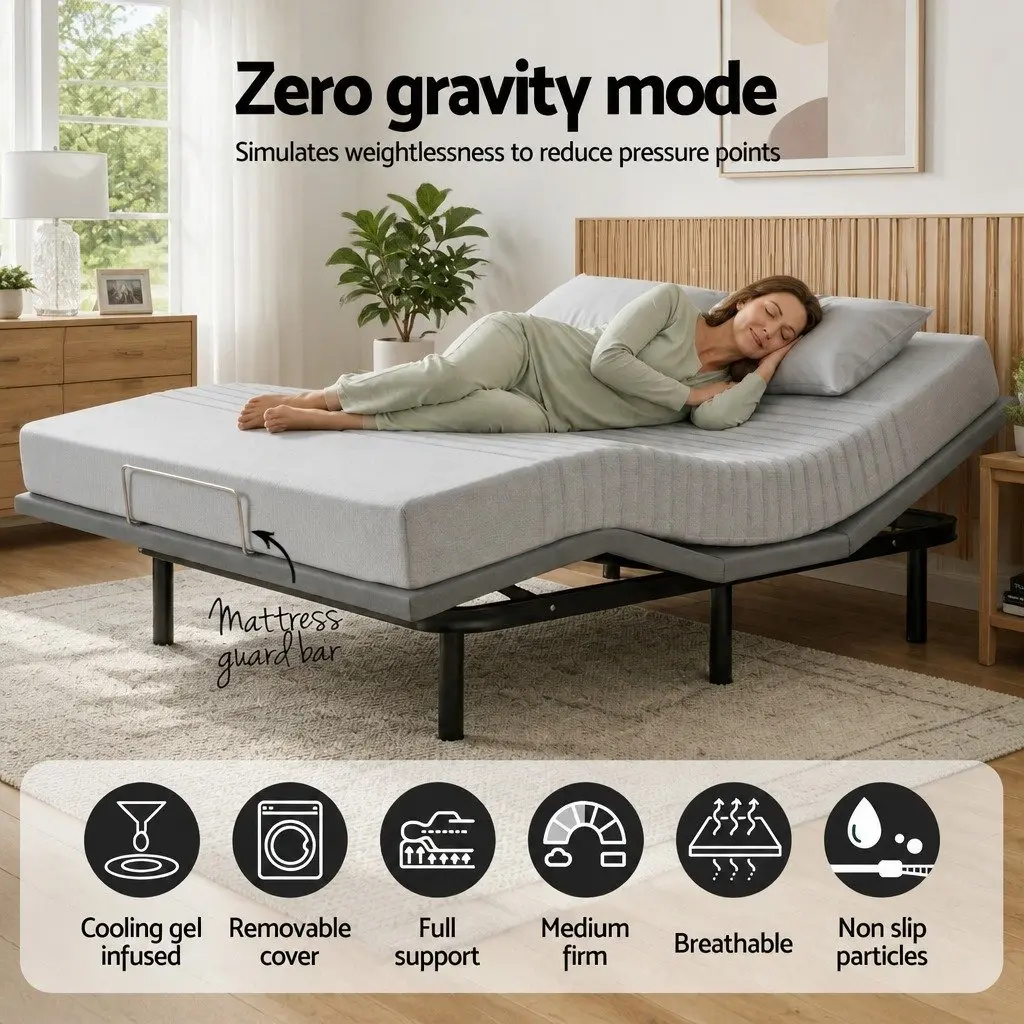 Double Electric Adjustable Bed Frame with Memory Foam Mattress 15cm Thick Black Grey