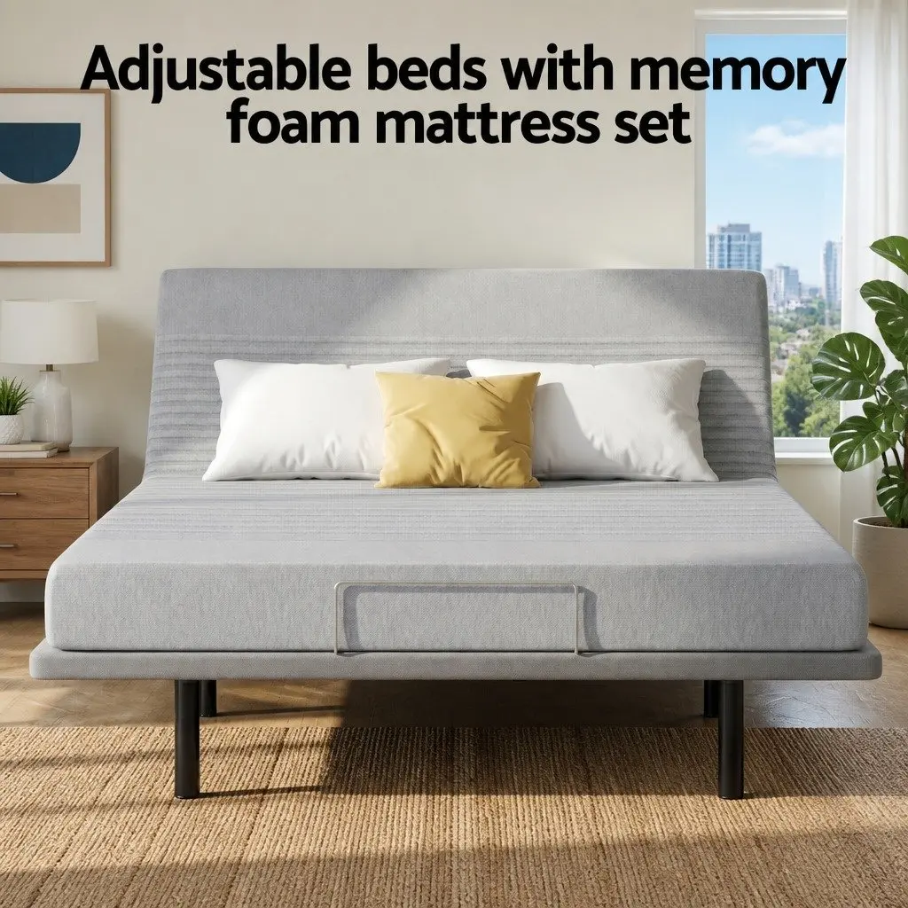 King Bed Frame Adjustable Electric with Memory Foam Mattress 15cm Thick Grey and Black Multi Layer Foam Construction Wireless Remote Control