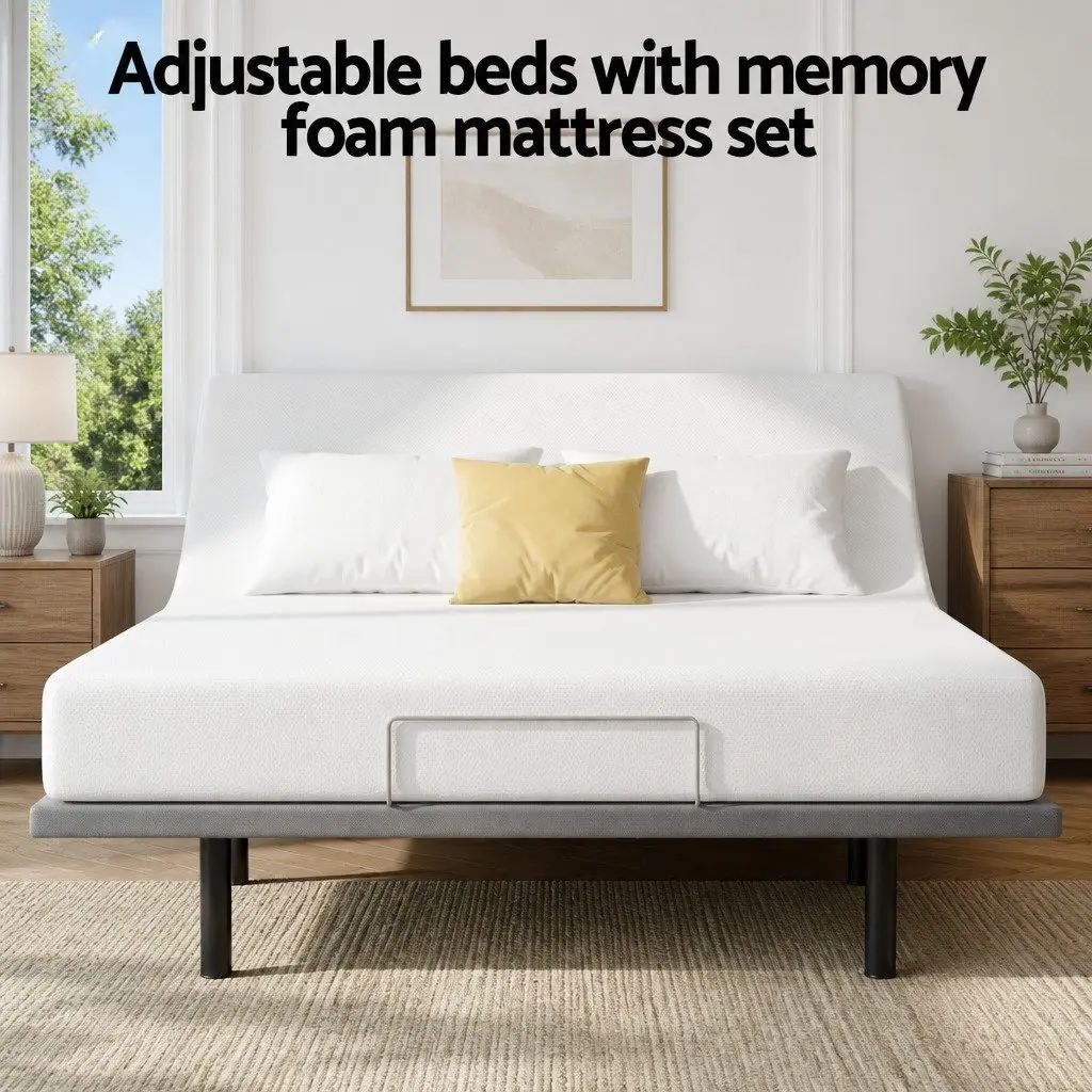 Queen Adjustable Bed Frame Electric Adjustable Memory Foam Mattress Black White 20cm