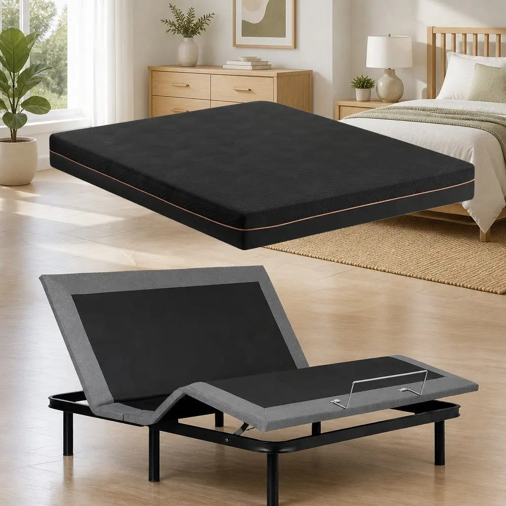 Electric Adjustable Bed Frame Black King Size with Memory Foam Mattress 18cm Thick