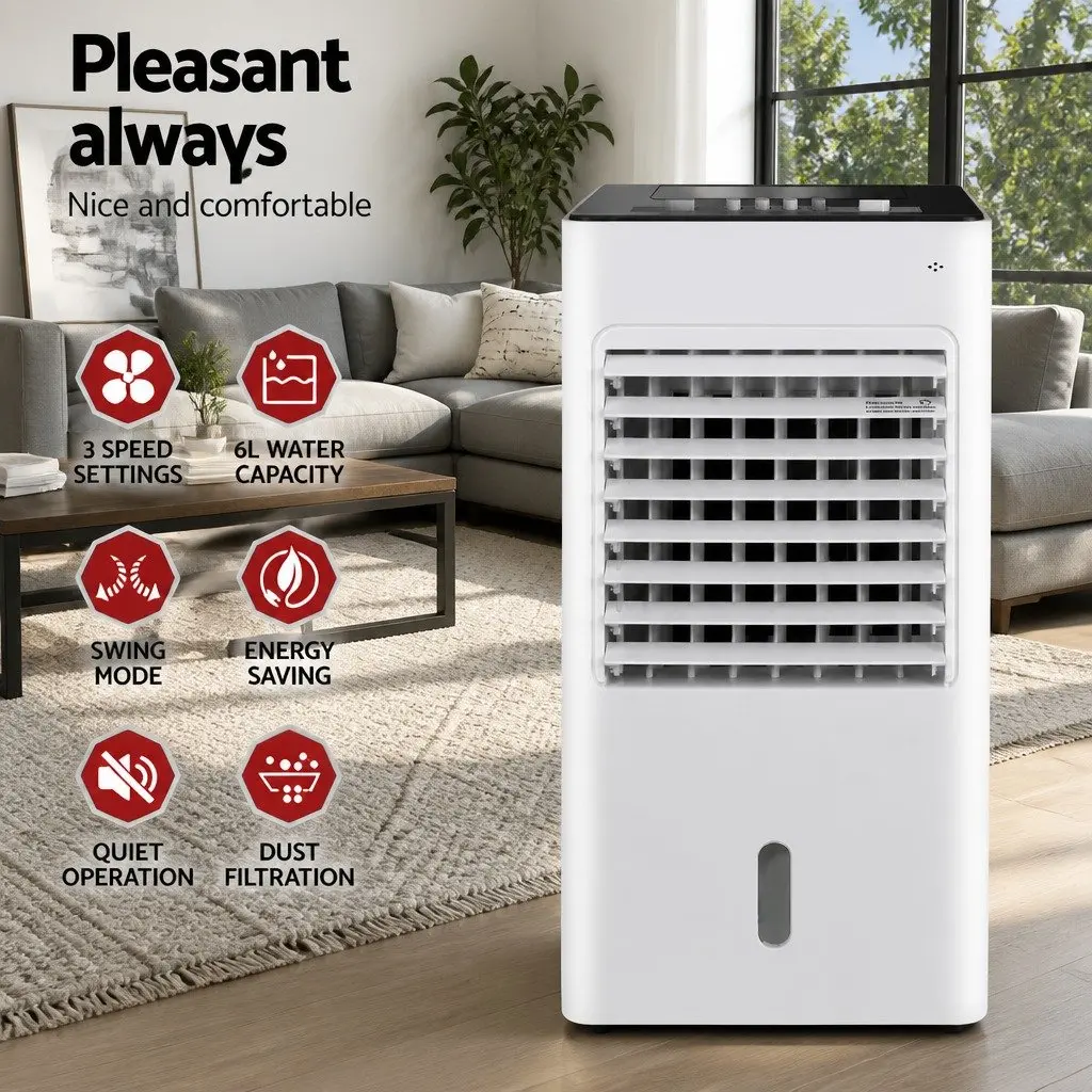 Evaporative Air Cooler 6L Water Tank Humidifier Purifier Fan Black and White Portable
