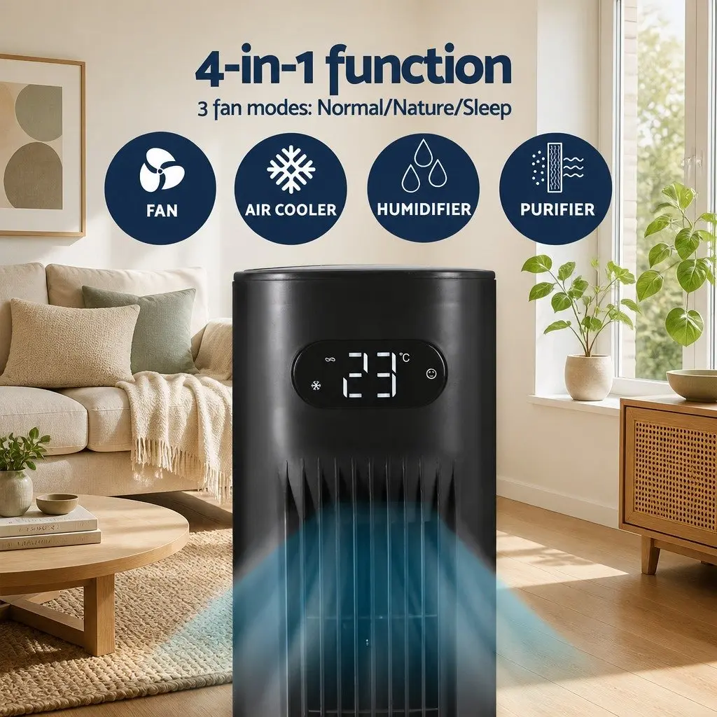 Evaporative Air Cooler 7L Water Tank Black 4-in-1 Fan Humidifier Purifier Remote Control