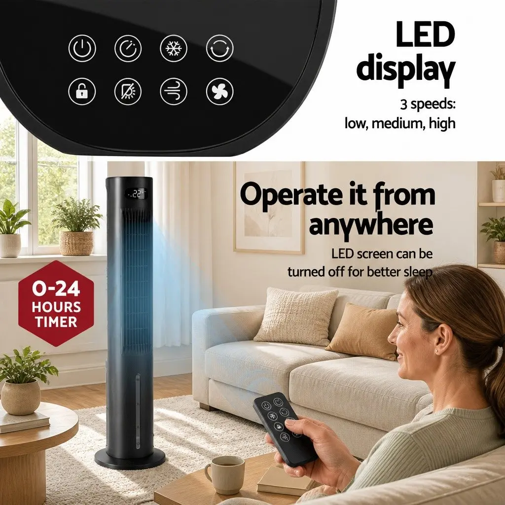 Evaporative Air Cooler 7L Water Tank Black 4-in-1 Fan Humidifier Purifier Remote Control