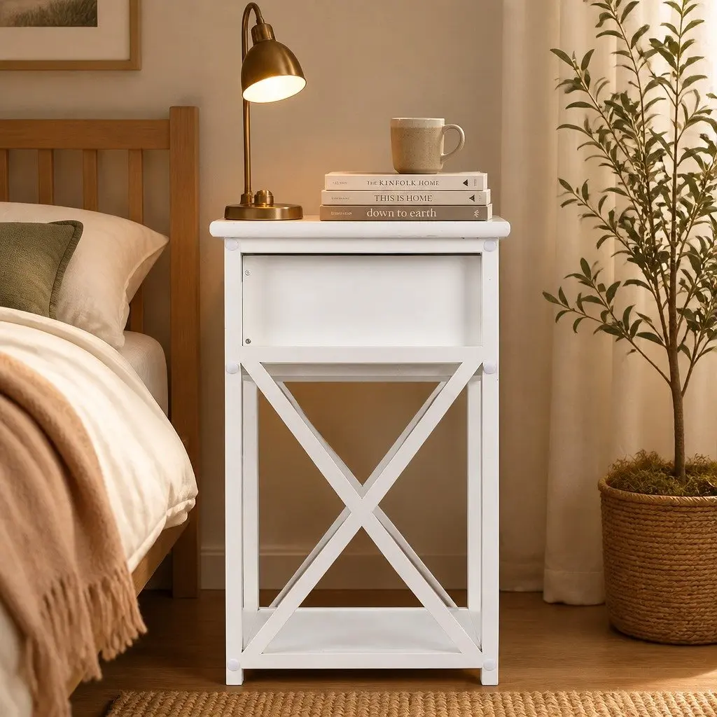 White Bedside Table with Spacious Drawers for Storage