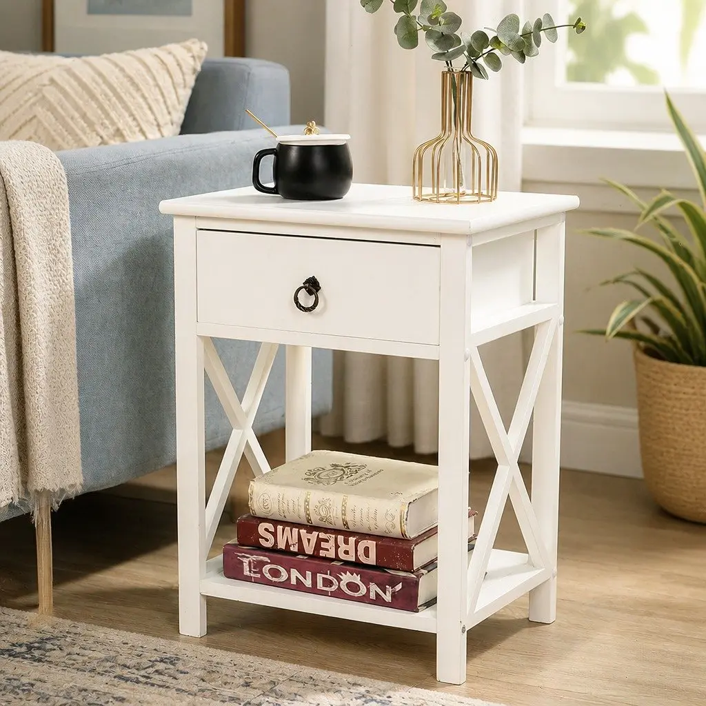 White Bedside Table with Spacious Drawers for Storage