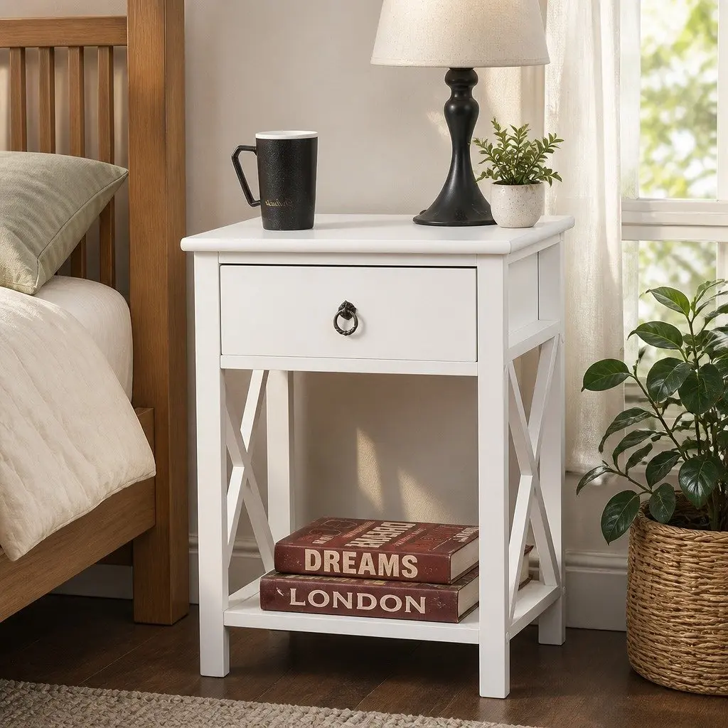 White Bedside Table with Spacious Drawers for Storage