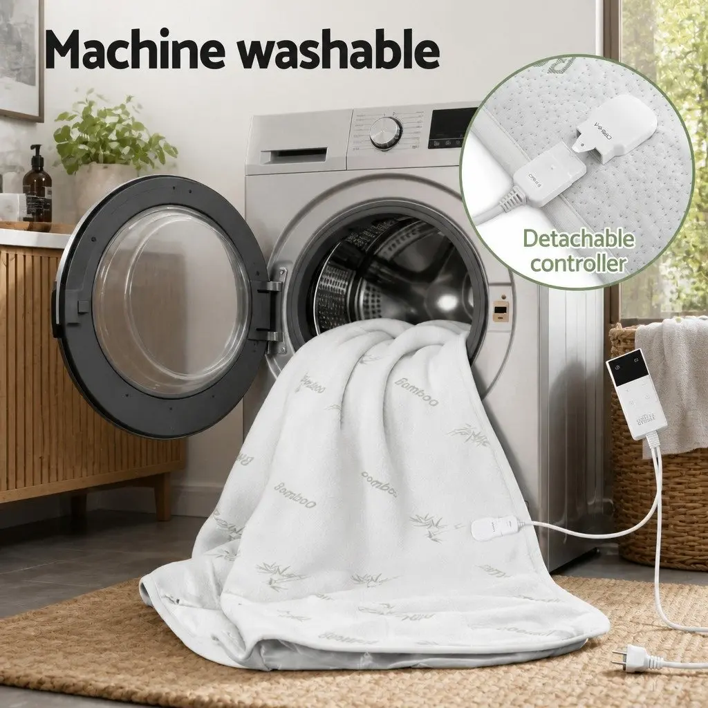 Electric Blanket Bamboo Fabric Double White Fitted Heated Pad Machine Washable