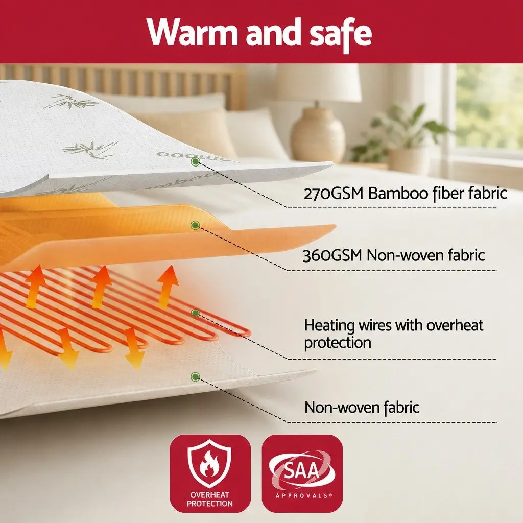 Electric Blanket Bamboo Fabric Double White Fitted Heated Pad Machine Washable