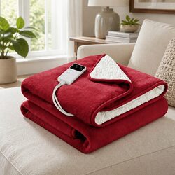 Burgundy Double-Sided Flannel and Sherpa Electric Blanket