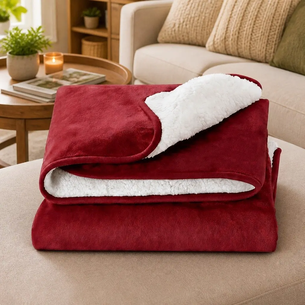 Electric Heated Throw Rug Flannel Sherpa 160cm x 130cm Burgundy 9 Piece