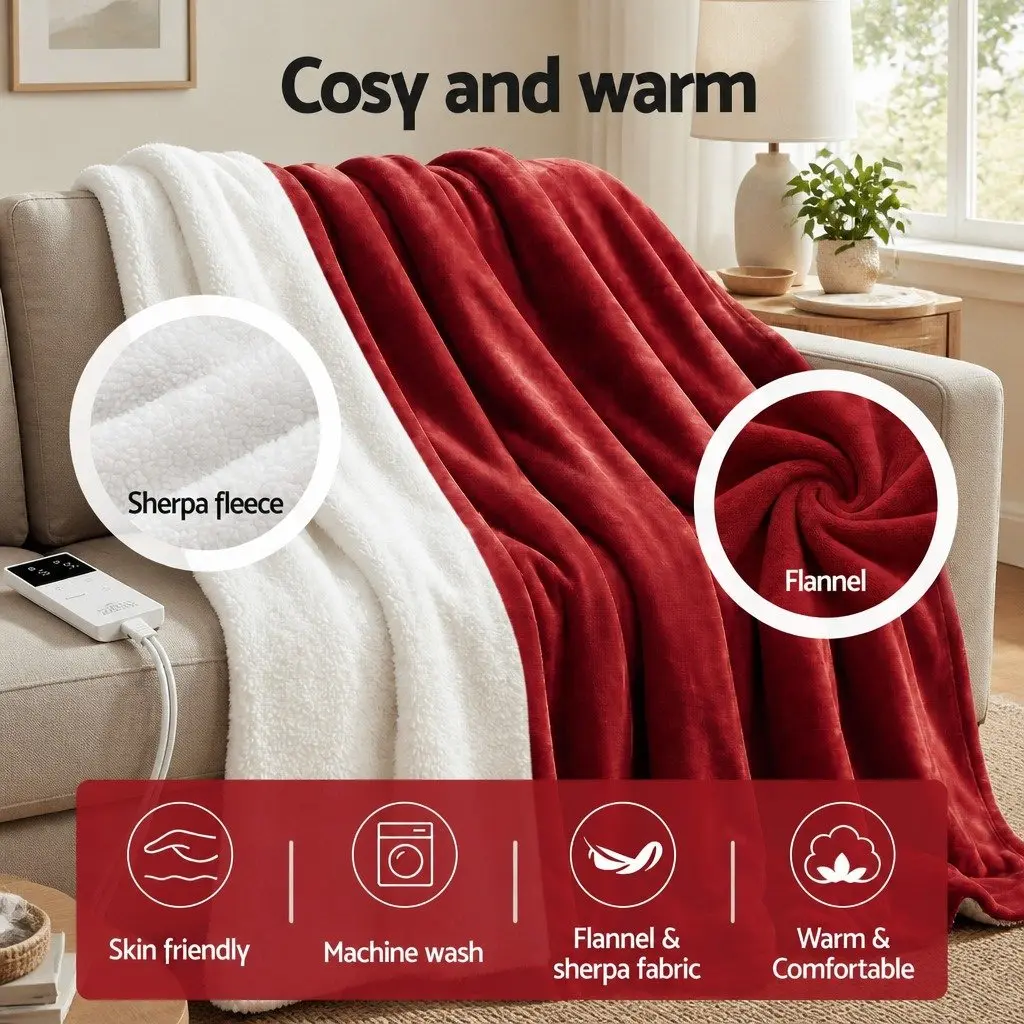 Electric Heated Throw Rug Flannel Sherpa 160cm x 130cm Burgundy 9 Piece
