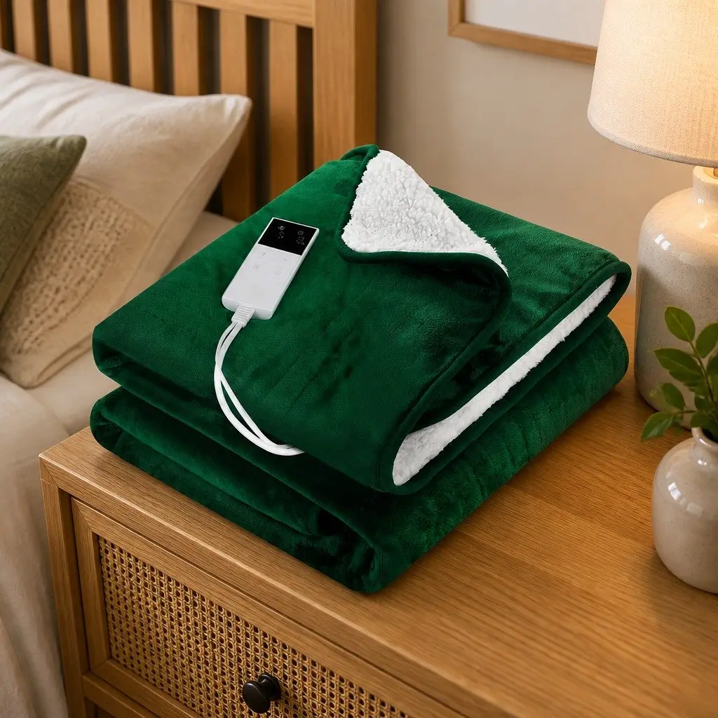 Electric Heated Throw Rug Flannel Sherpa 160x130cm Green