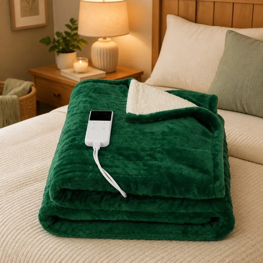 Electric Heated Throw Rug Flannel Sherpa 160x130cm Green