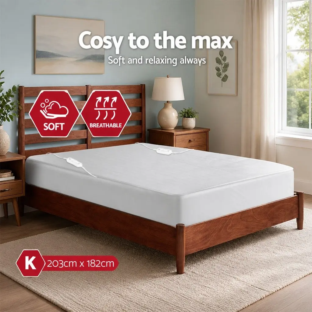 Electric Blanket Polyester King Size White Fully Fitted Three Heat Settings