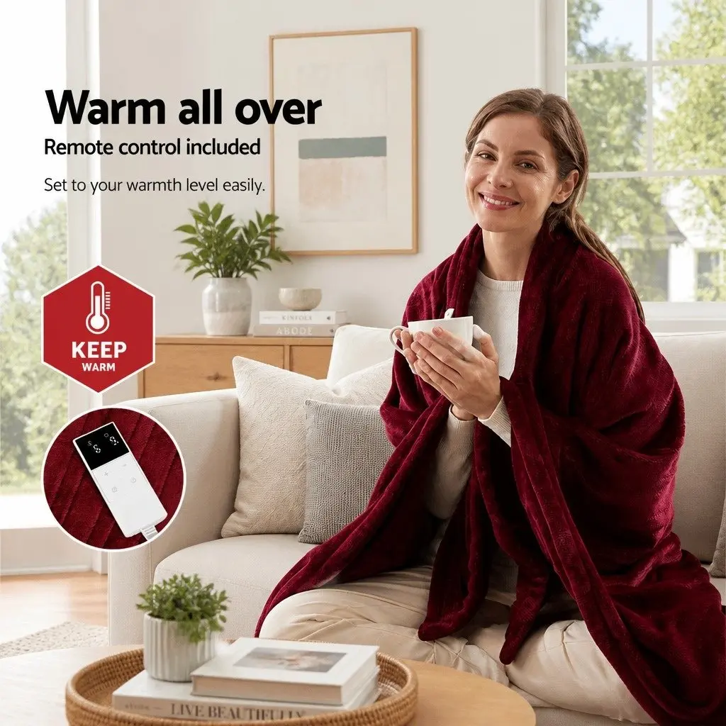 Electric Heated Throw Blanket Coral Fleece 160cm x 130cm Burgundy