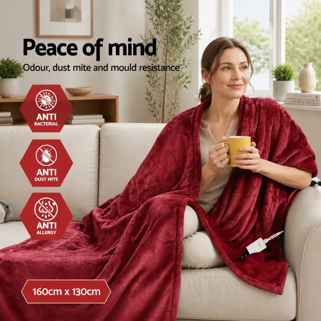 Electric Heated Throw Blanket Coral Fleece 160cm x 130cm Burgundy