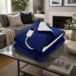 Navy Blue Electric Heated Throw Rug Blanket with Dual Fabric