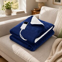 Navy Blue Electric Heated Throw Rug Blanket with Dual Fabric