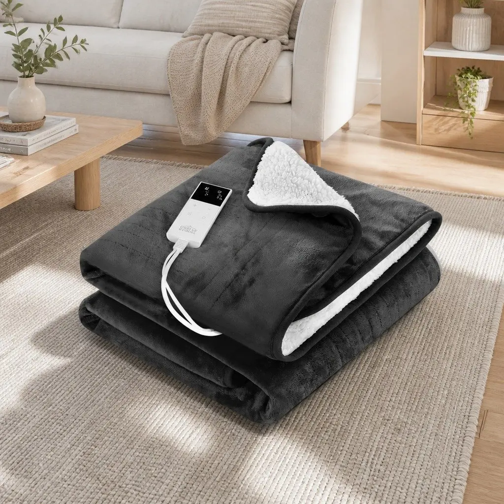 Heated Electric Throw Rug Blanket Flannel Sherpa Grey 160x130cm