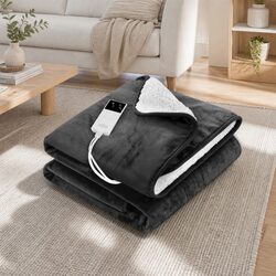 Heated Electric Throw Rug Blanket Flannel Sherpa Grey 160x130cm