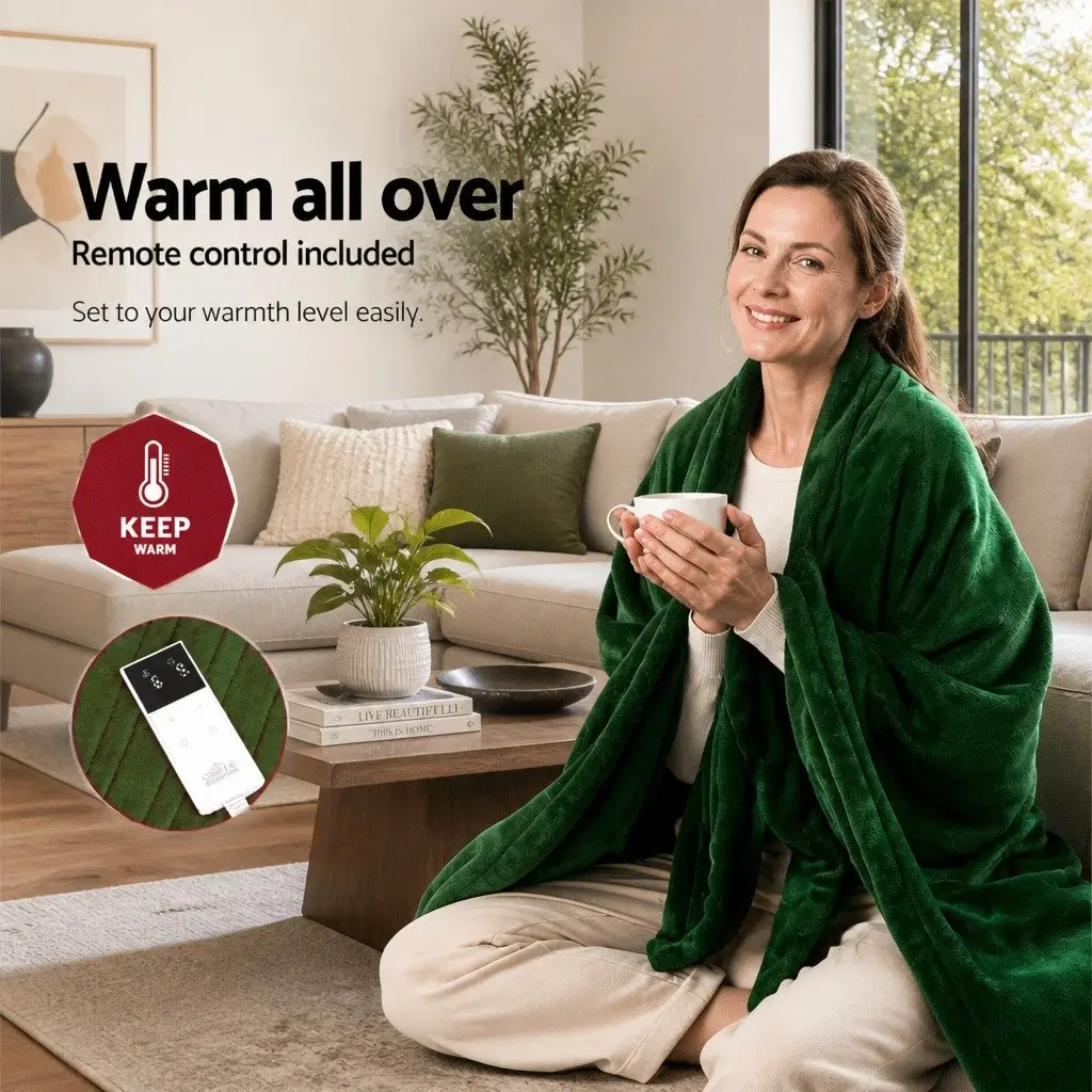 Electric Heated Throw Rug Coral Fleece 160cm x 130cm Green