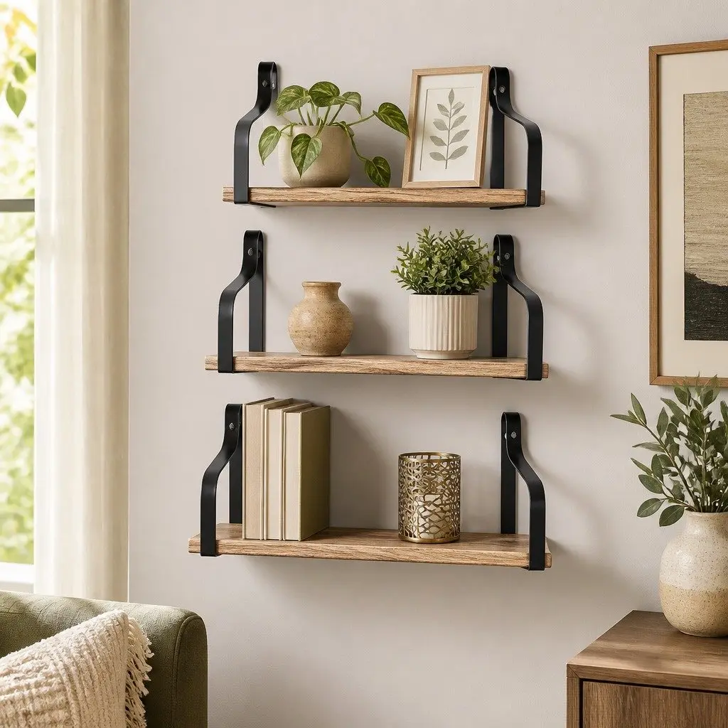 Floating Shelf Paulownia Wood 3 Piece Natural Wood Industrial Style