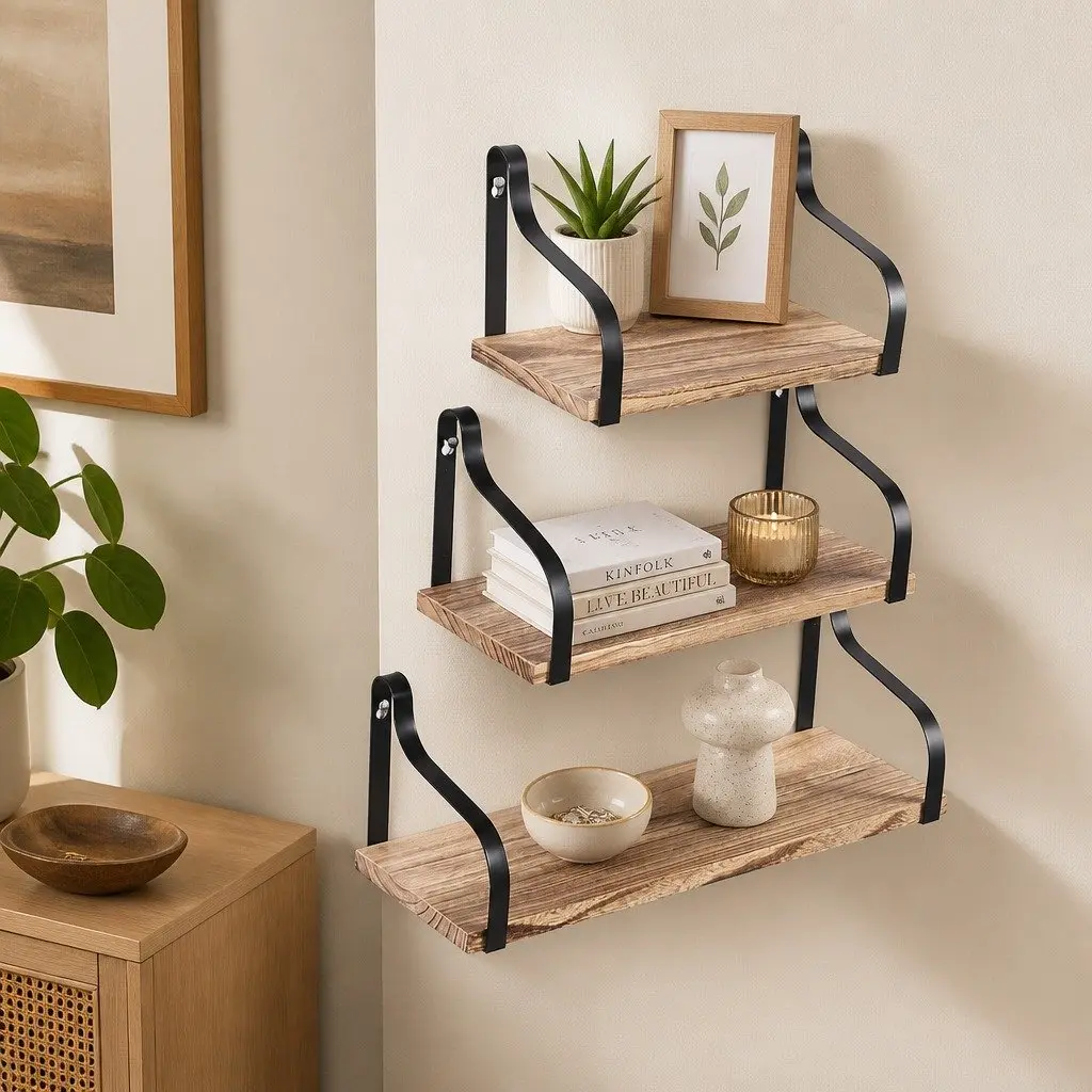 Floating Shelf Paulownia Wood 3 Piece Natural Wood Industrial Style