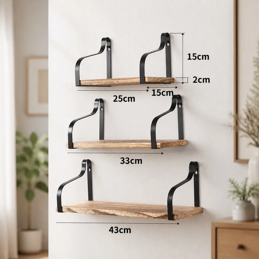 Floating Shelf Paulownia Wood 3 Piece Natural Wood Industrial Style